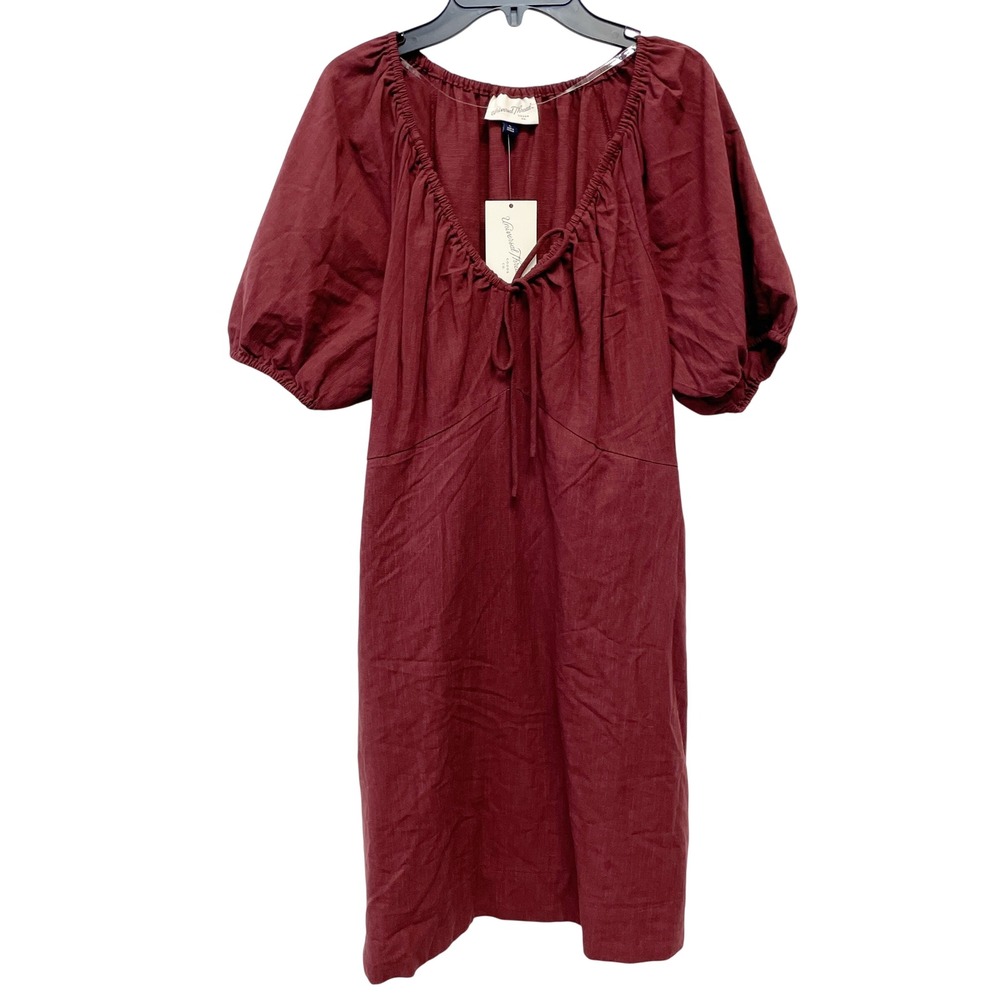 Universal Thread Women's Burgundy Puff Sleeve Tie Neck Shift Dress Size Small